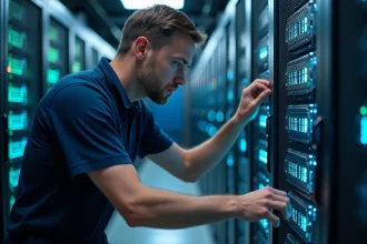 Administrateur informatique inspectant des serveurs dans un datacenter moderne pour évaluer le déploiement de Personal vDisk sur une infrastructure Citrix