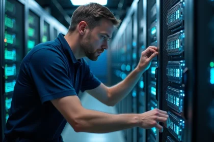 Administrateur informatique inspectant des serveurs dans un datacenter moderne pour évaluer le déploiement de Personal vDisk sur une infrastructure Citrix