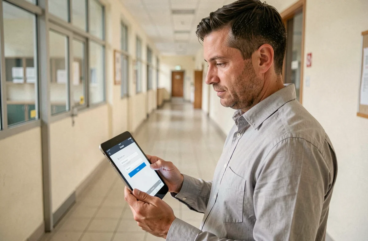 Administrateur scolaire de l'académie de Dijon utilisant le webmail professionnel sur tablette dans un couloir de lycée
