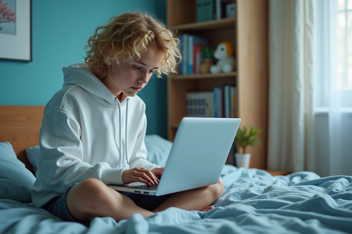 Adolescent cherchant comment faire un arobase sur un ordinateur portable depuis sa chambre