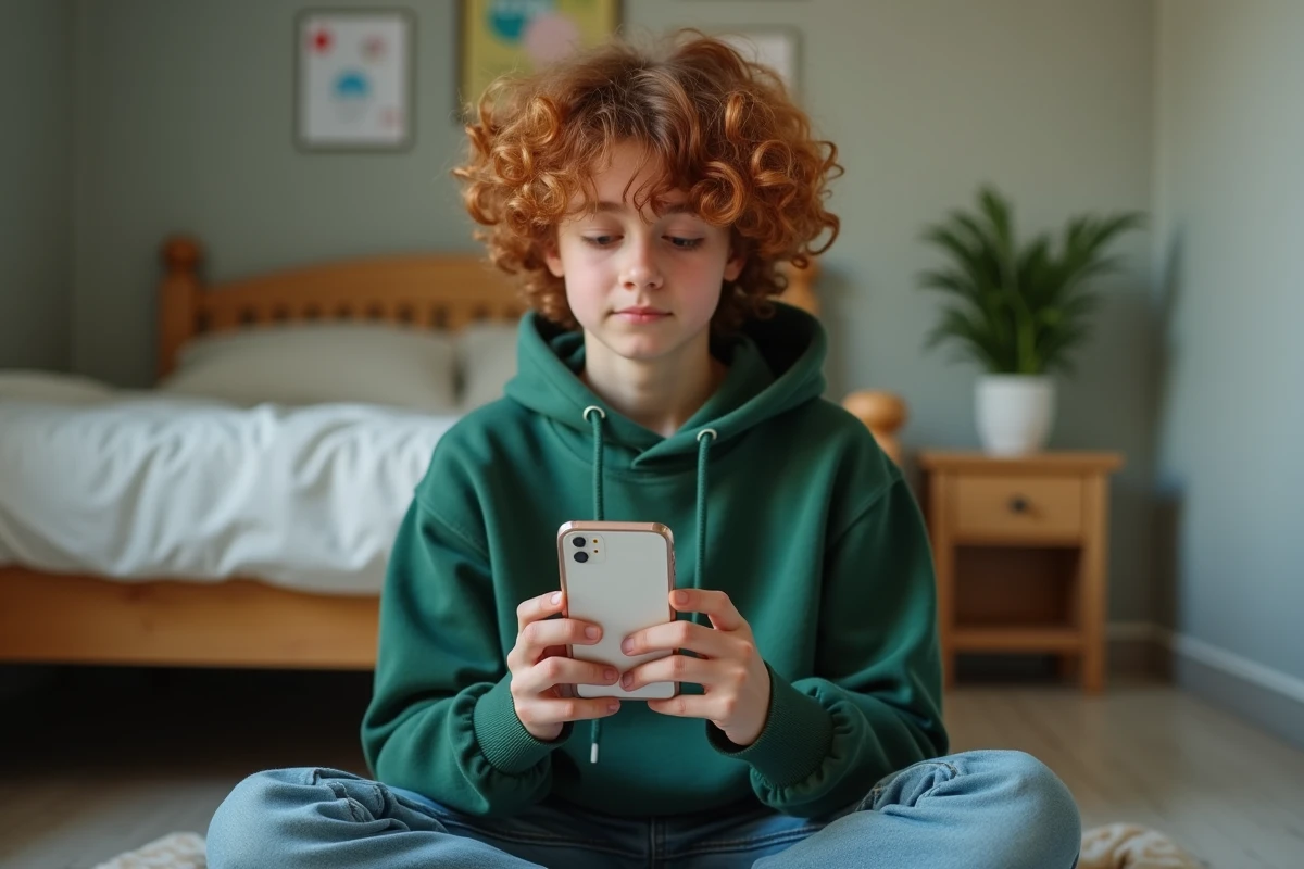Adolescent assis par terre dans sa chambre en train d'explorer la corbeille de son téléphone Android