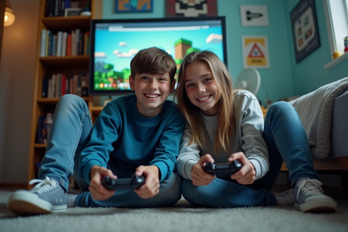Deux adolescents jouant sur un serveur Minecraft gratuit entre amis dans une chambre