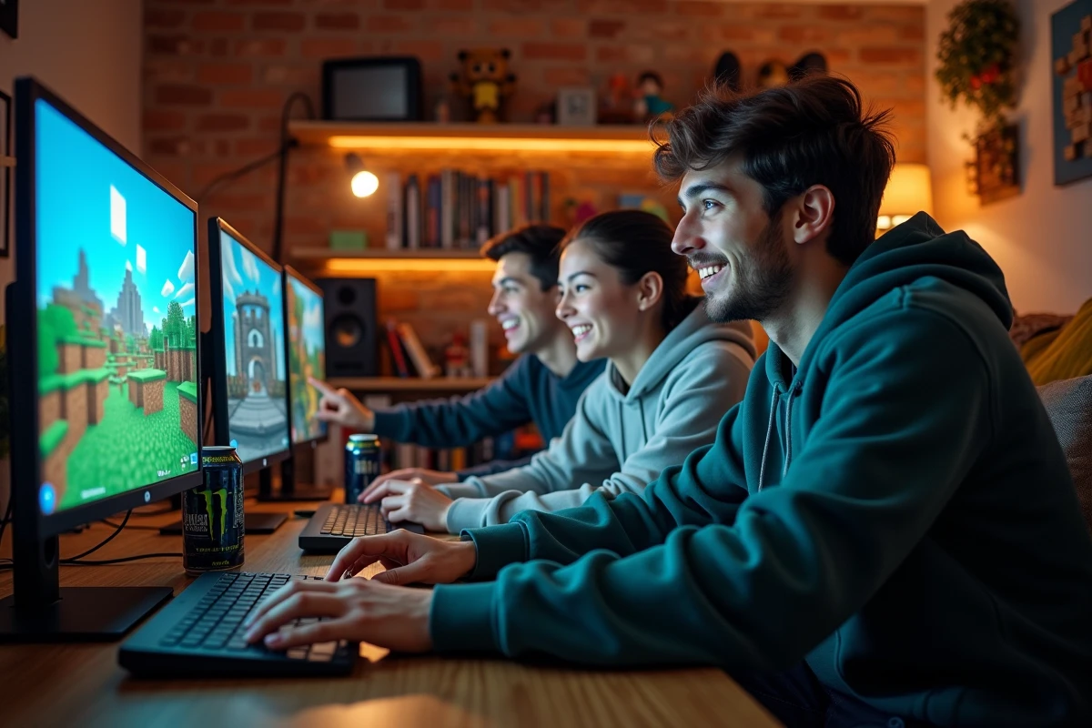 Groupe d'amis jouant ensemble sur un serveur Minecraft gratuit depuis leur appartement