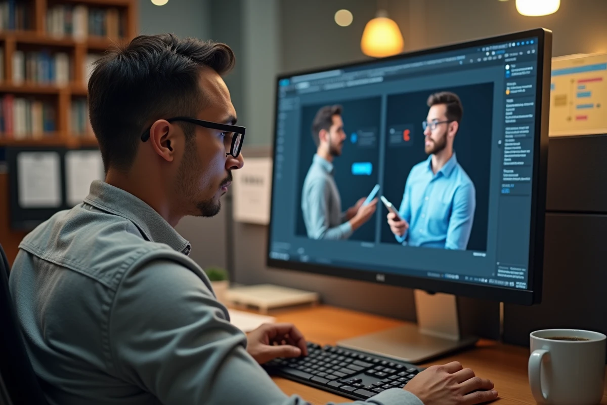 Un professionnel analysant une comparaison entre Tchap et ChatGPT sur son écran d'ordinateur de bureau