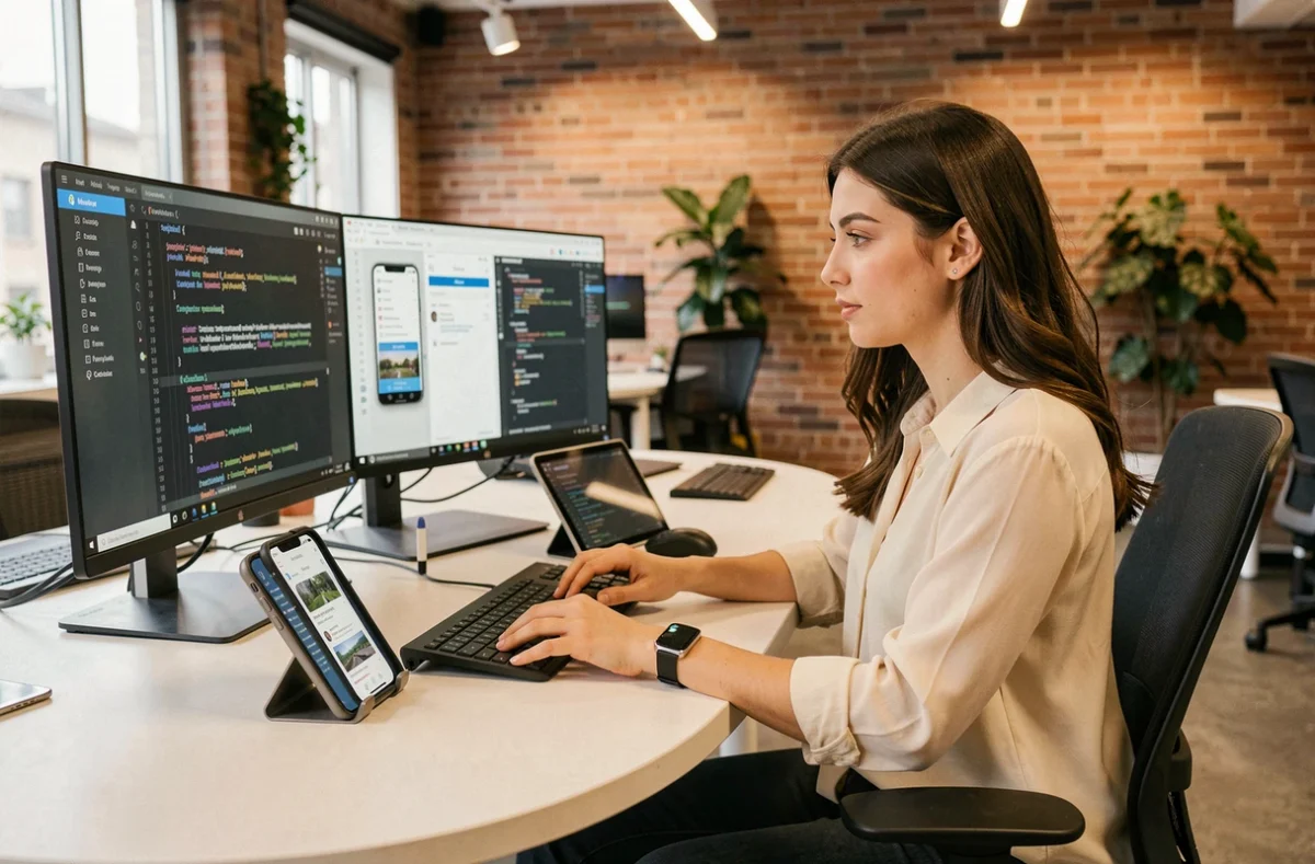 Développeuse Appliandweb travaillant sur le code d'une application web et mobile dans un bureau moderne