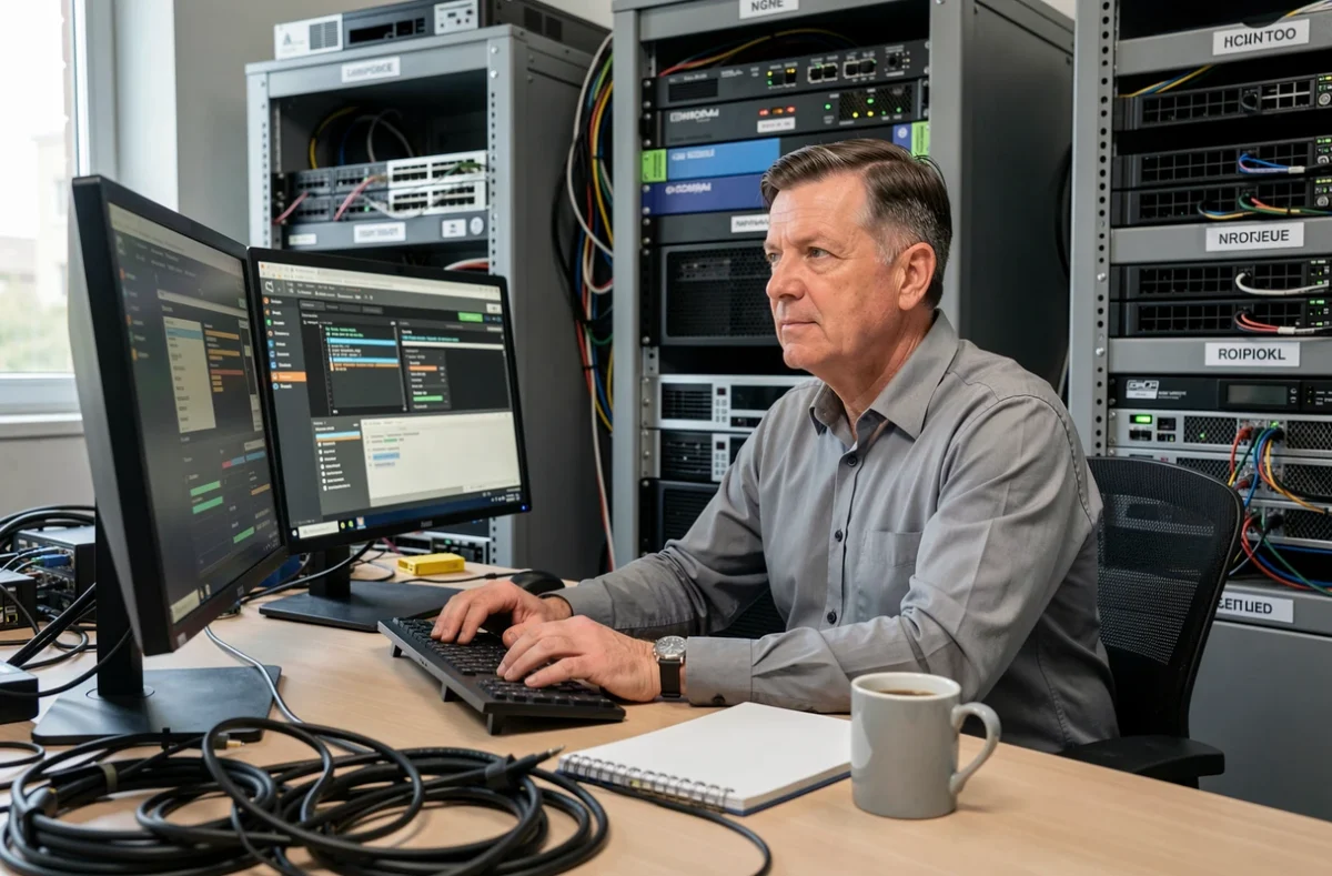 Spécialiste AT Informatique travaillant sur un poste informatique professionnel avec des logiciels de diagnostic