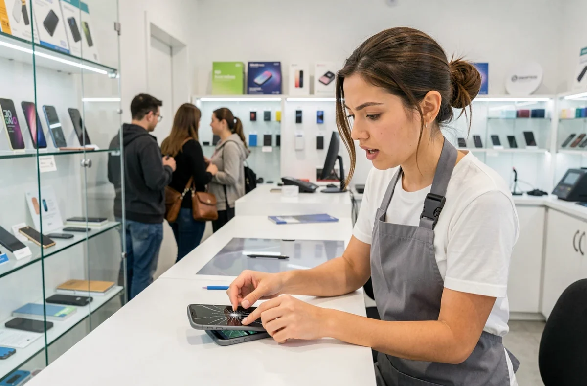 Technicienne Atelier Express réparant rapidement un appareil électronique au comptoir de son magasin