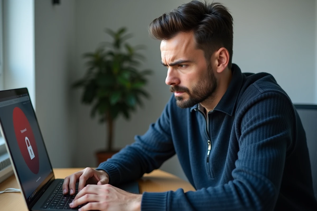 Homme frustré regardant un avertissement de sécurité du navigateur sur un ordinateur portable dans un bureau à domicile