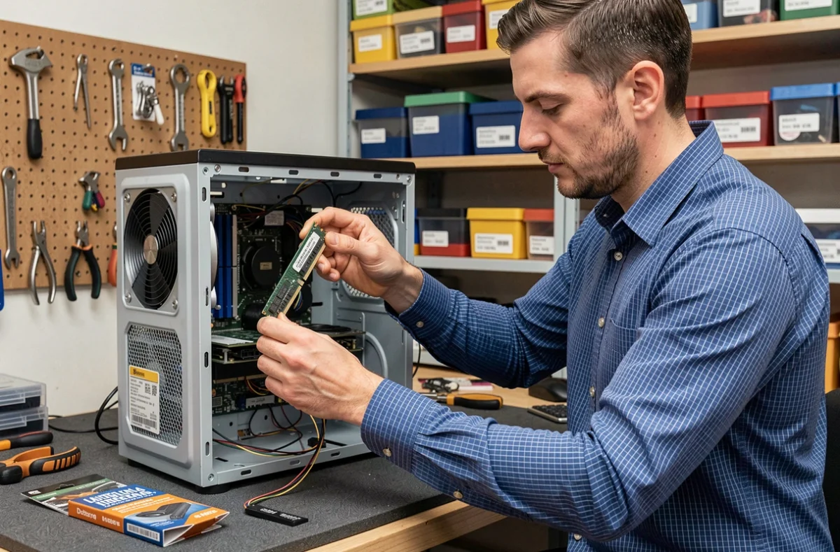 Technicien BL Informatique installant une mise à niveau mémoire RAM dans un ordinateur de bureau