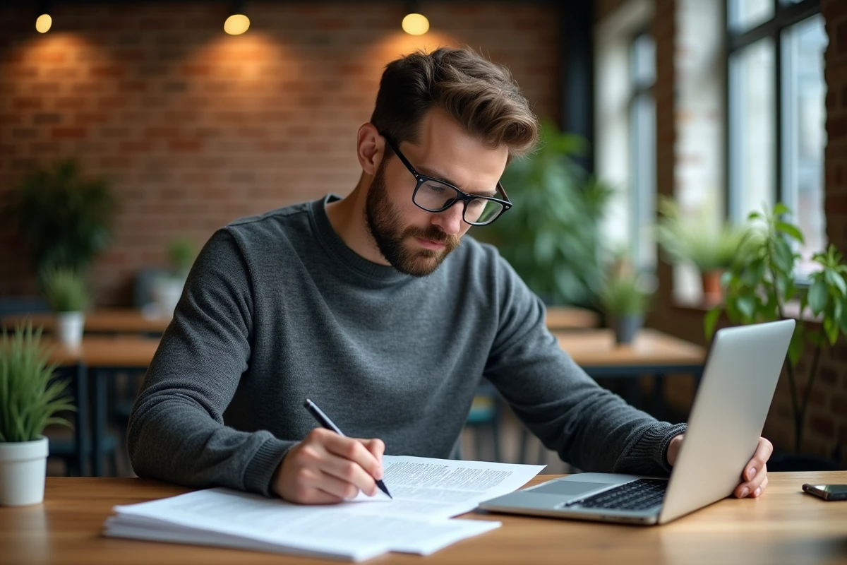 Blogueur annotant un article imprimé pour améliorer la fiabilité de ses contenus éditoriaux
