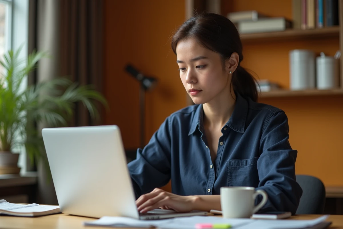 Blogueuse vérifiant la fiabilité de son contenu web sur un ordinateur portable dans un bureau à domicile organisé