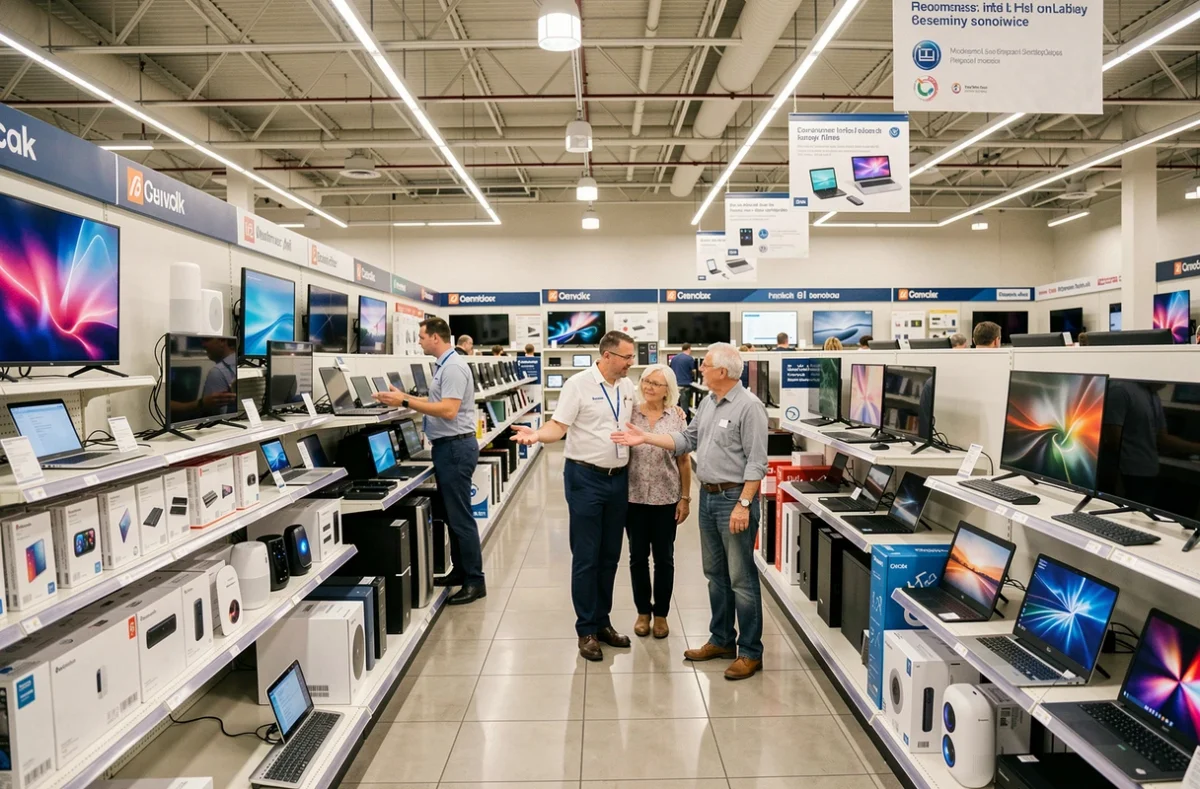 Vendeur chez Boulanger Marseille accompagnant un couple dans le rayon informatique d'un grand magasin électronique