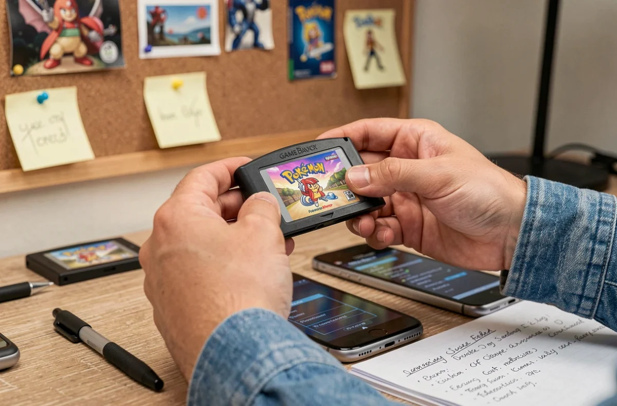 Mains tenant une cartouche de jeu Pokémon Game Boy Advance avec des notes de configuration d'émulateur sur un bureau
