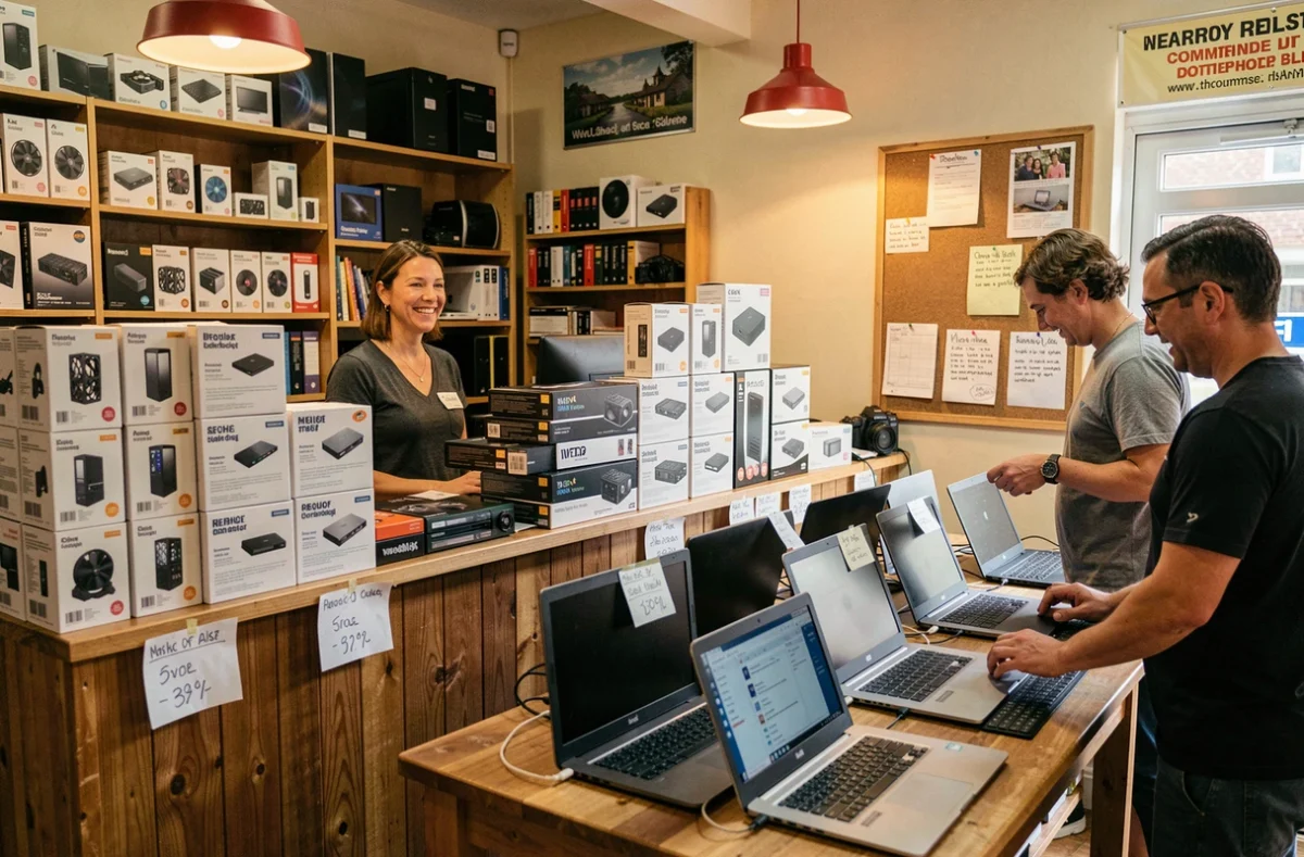 Propriétaire de Célinform@tique accueillant des clients dans sa boutique informatique conviviale