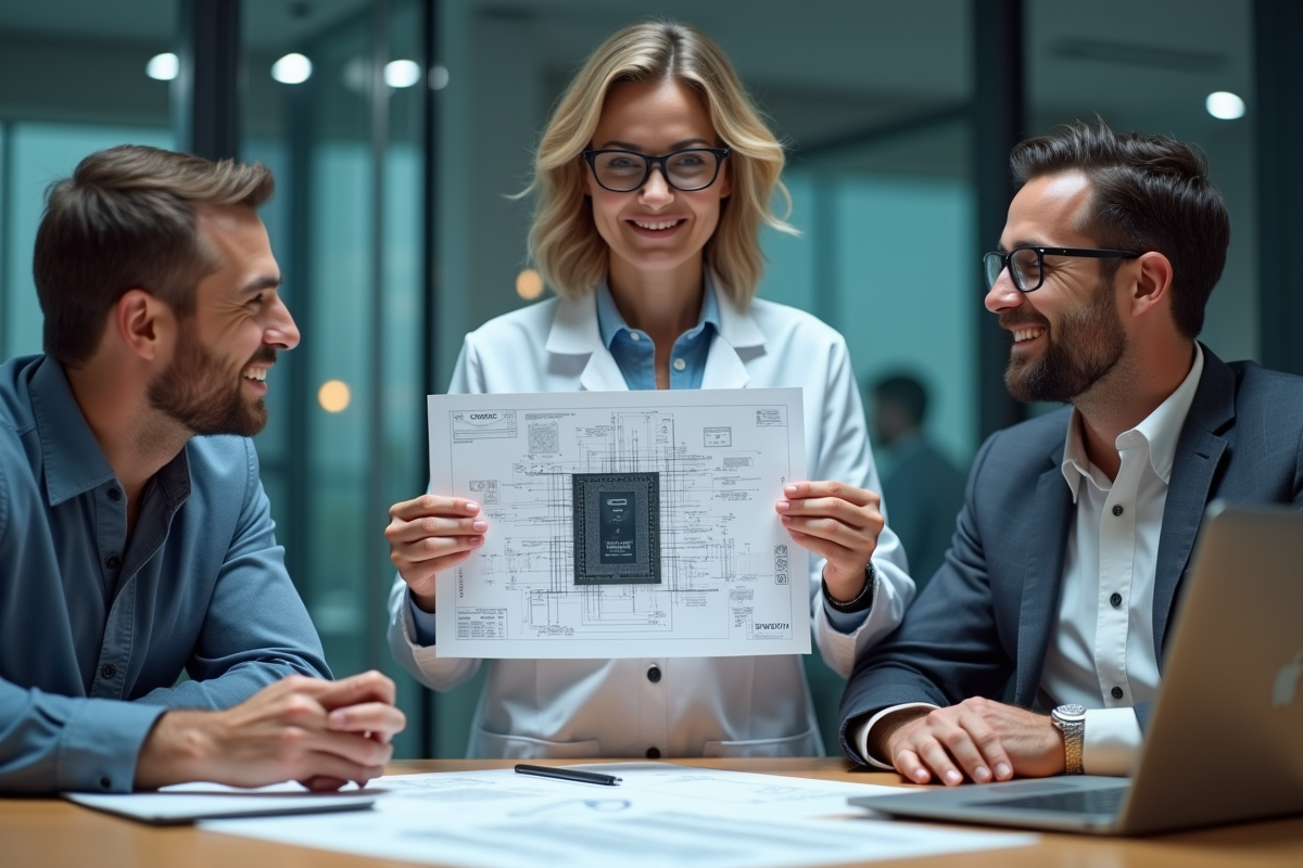 Chercheuse expliquant un schematic de puce neural à ses collègues