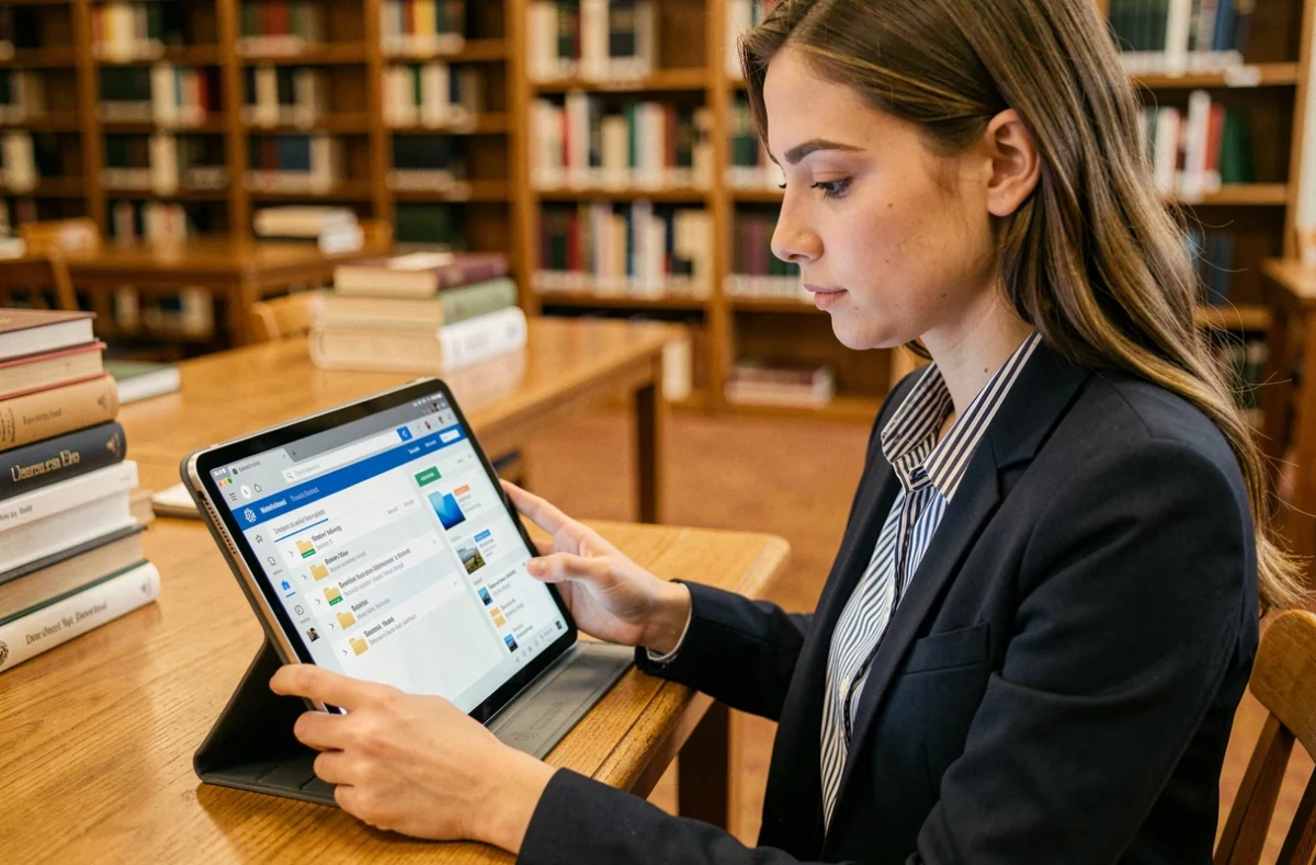 Jeune femme consultant et classant ses mails sur une tablette dans une bibliothèque universitaire
