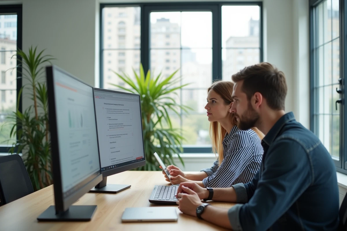 Deux blogueurs collaborant pour fiabiliser et corriger leurs contenus web sur un écran partagé en open space