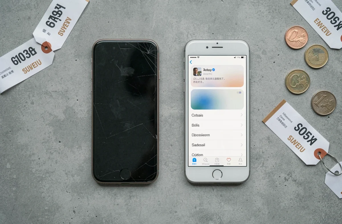 Comparaison de deux modèles d'iPhone anciens et récents posés sur une surface en béton avec des pièces de monnaie, illustrant le rapport qualité-prix