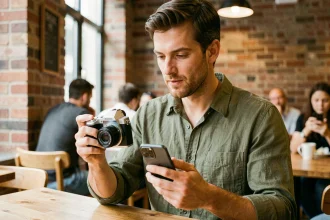 Homme comparant un appareil photo compact et un smartphone dans un café urbain