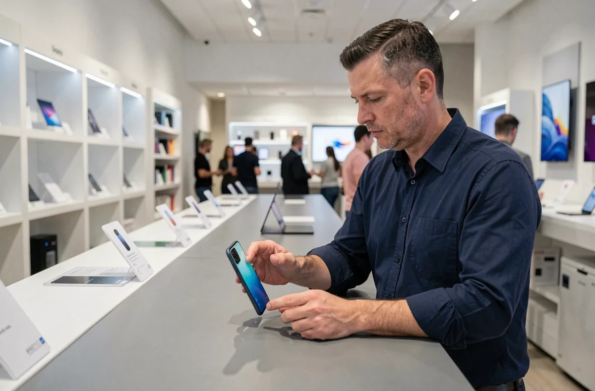 Homme comparant deux modèles de téléphones Google Pixel dans un magasin de technologie, rapport qualité-prix et choix du meilleur Pixel