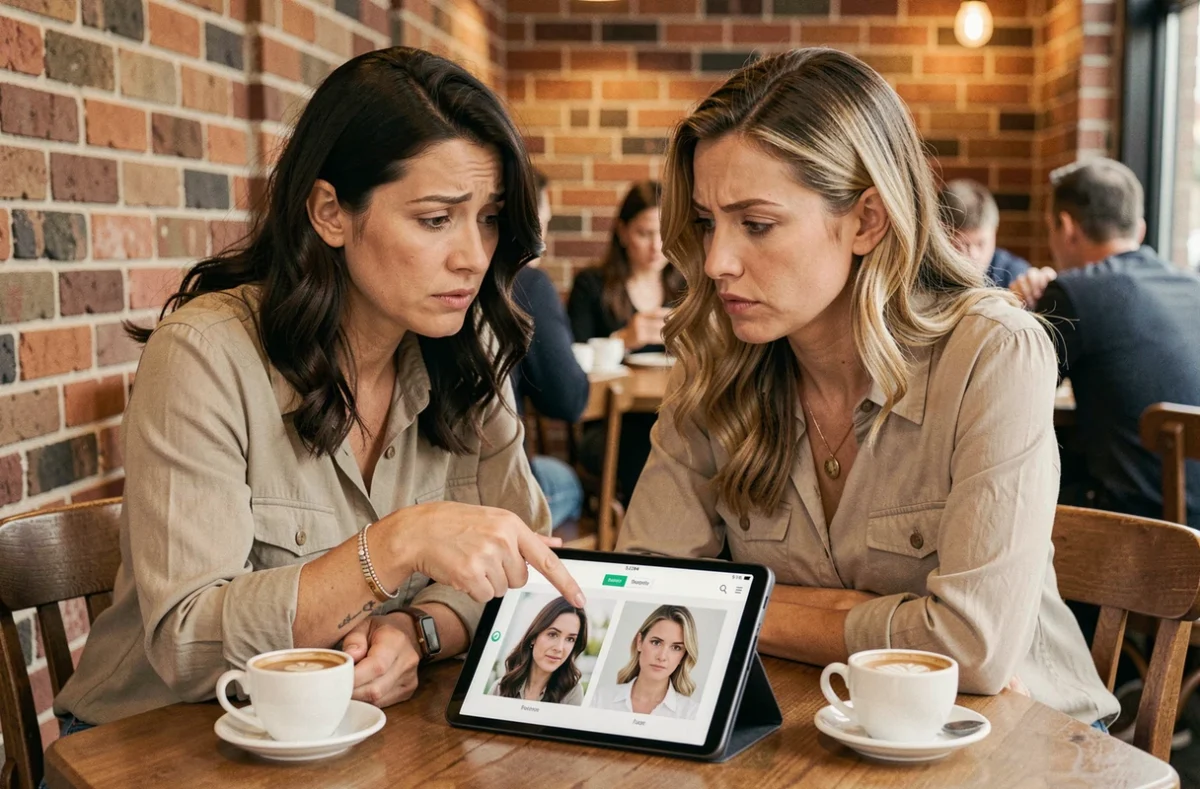 Deux femmes comparant des photos de profil sur une tablette dans un café pour vérifier l'authenticité d'une identité sur un site de rencontre