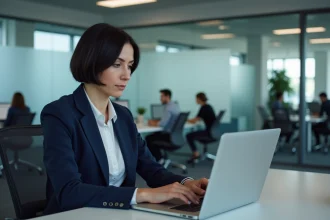 Une professionnelle comparant deux interfaces de messagerie IA sur son ordinateur portable dans un bureau moderne