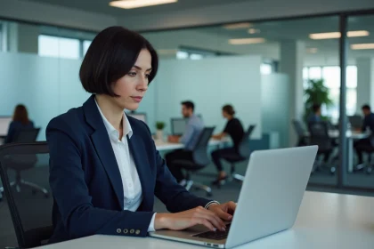 Une professionnelle comparant deux interfaces de messagerie IA sur son ordinateur portable dans un bureau moderne