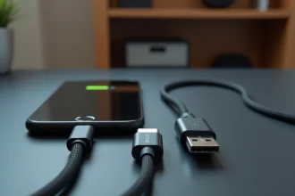 Comparaison des connecteurs USB Type-A et USB Type-C côte à côte sur un bureau minimaliste