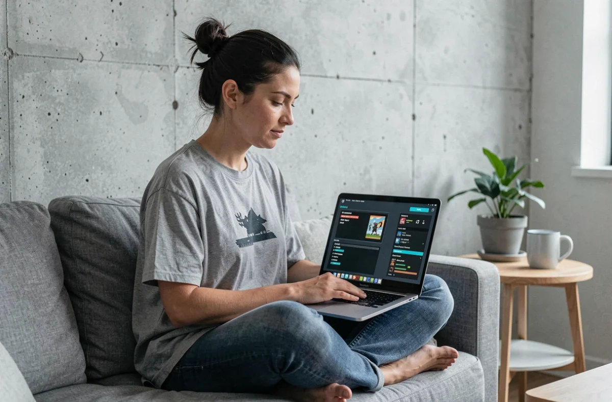 Jeune femme configurant un émulateur de jeu Pokémon sur un ordinateur portable dans un appartement moderne