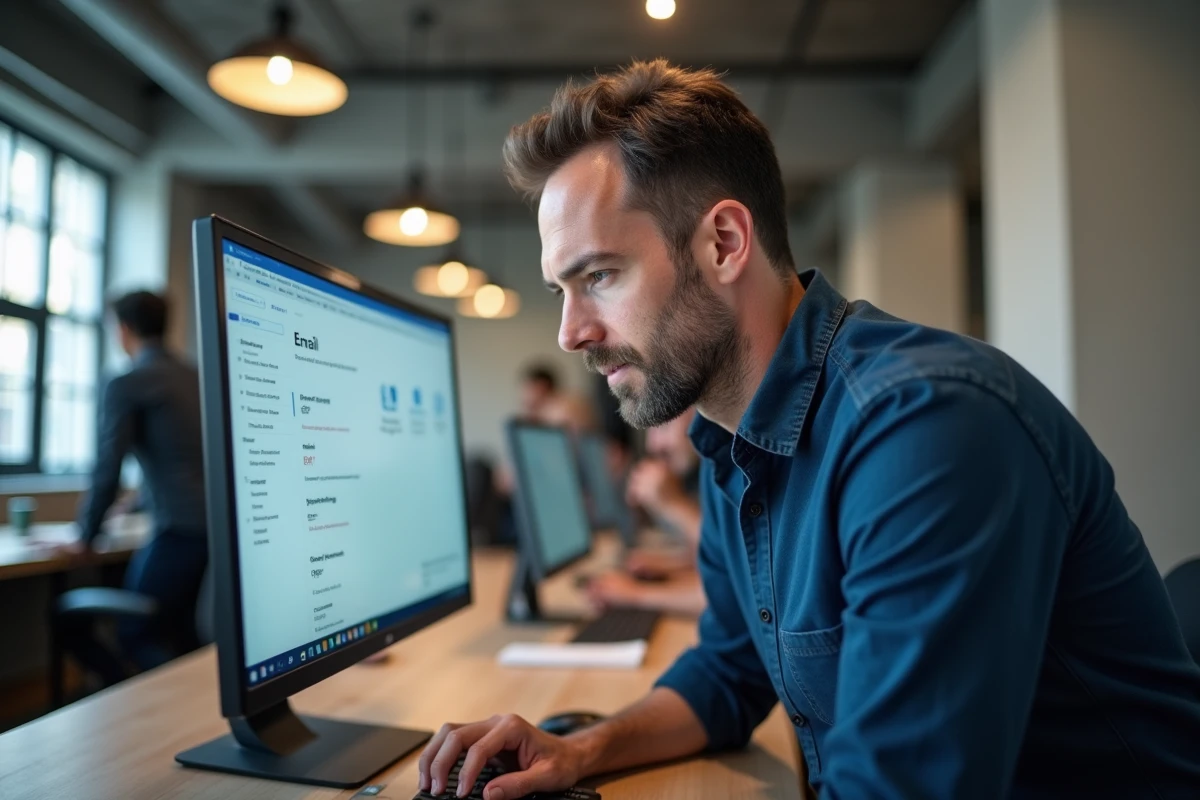 Homme en open space configurant la migration vers IONOS Webmail sur un grand écran de bureau dans un environnement de travail moderne