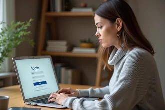 Femme connectée à son compte portail Orange sur un ordinateur portable dans un bureau à domicile
