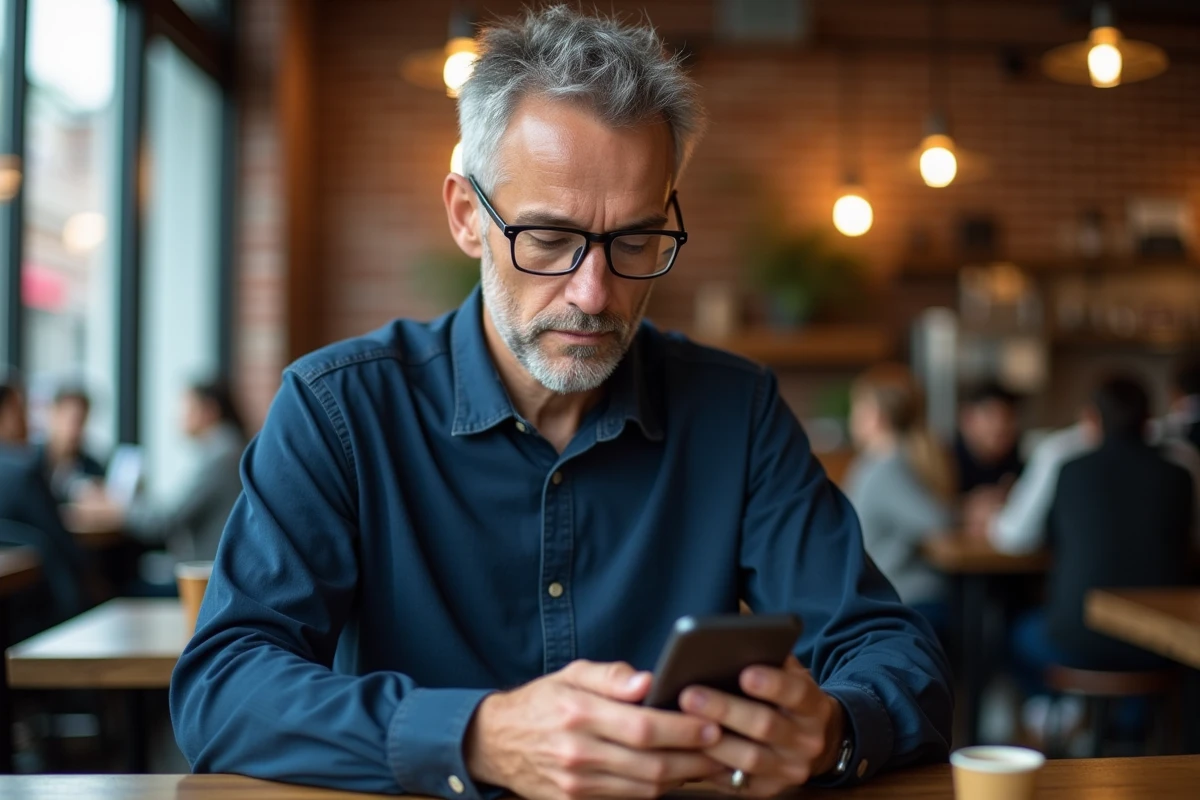 Homme consultant son compte portail Orange sur smartphone dans un café