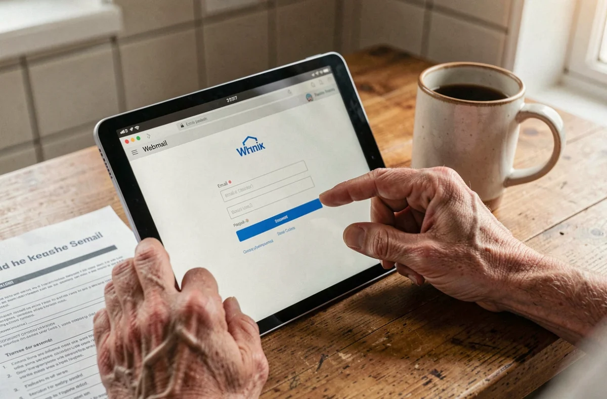 Mains naviguant sur une tablette pour se connecter à un webmail sécurisé afin de transférer des emails
