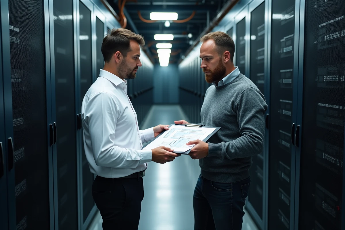 Deux consultants IT discutant d'un schéma d'architecture pour le déploiement de Personal vDisk dans une salle serveurs d'entreprise
