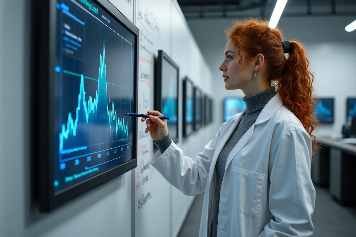 Chercheuse présentant les courbes d'entraînement d'un réseau de neurones ResNet dans un laboratoire universitaire