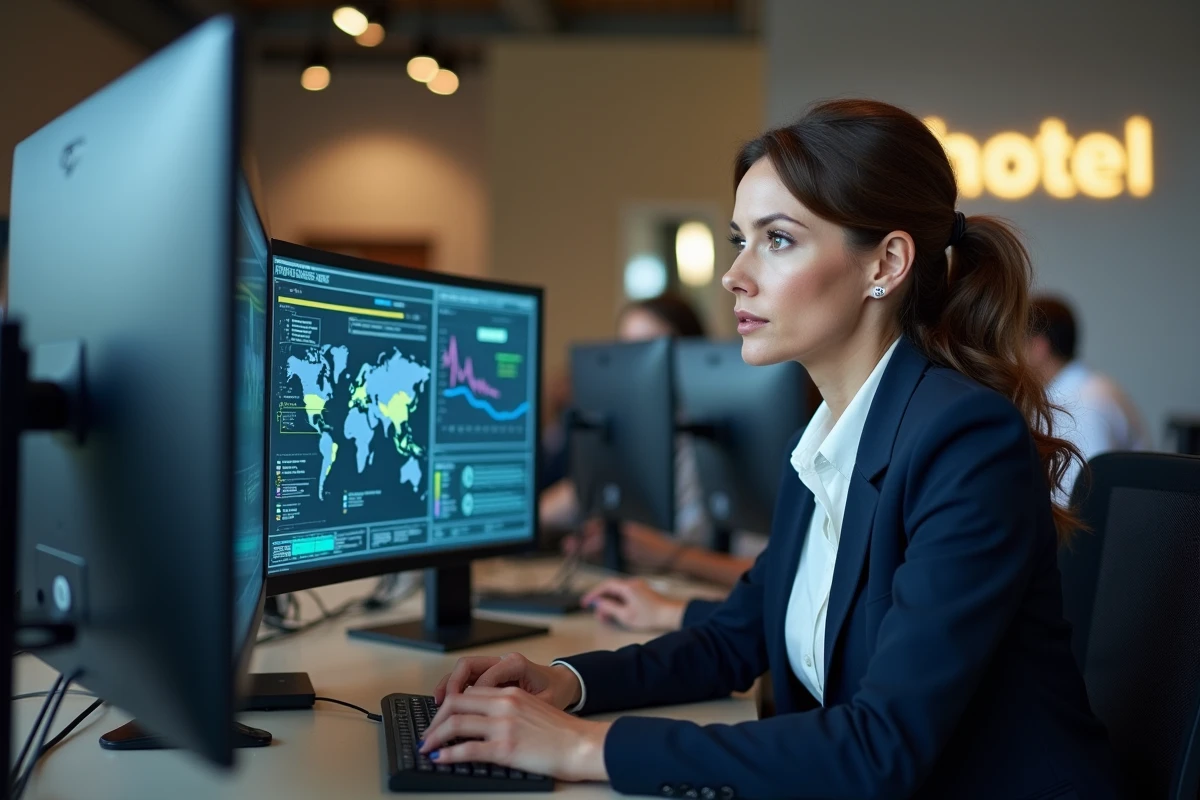 Consultante en cybersécurité analysant des alertes réseau sur plusieurs écrans dans un bureau de gestion hôtelière moderne