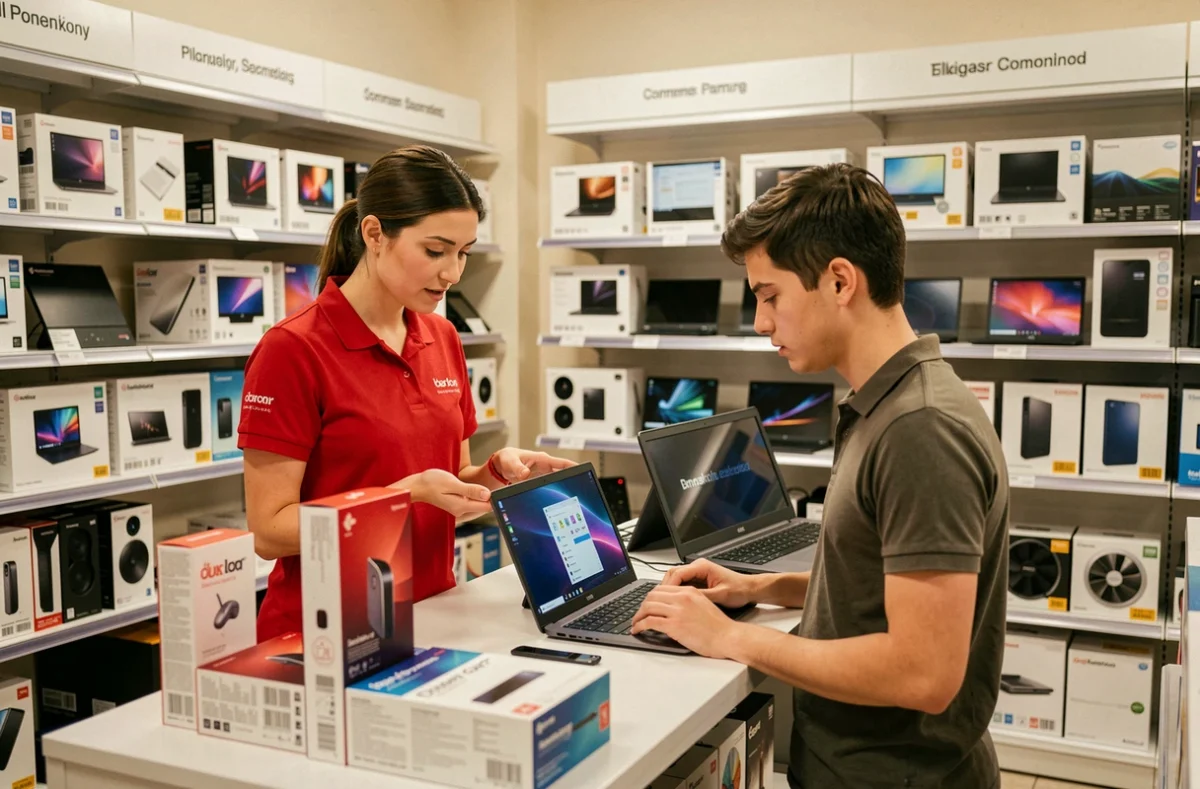 Conseillère Darty Marseille présentant un ordinateur portable à un client dans le rayon informatique