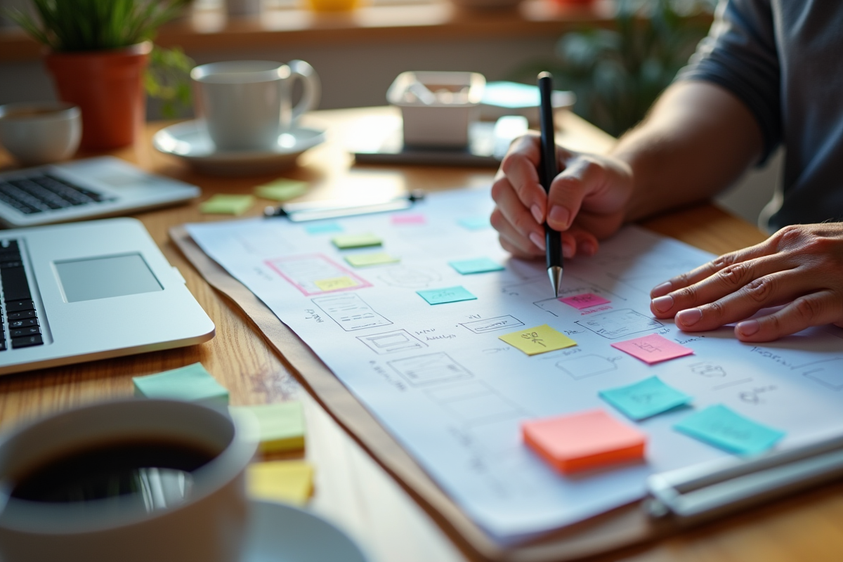 Designer esquissant une interface avec notes colorées et tablette