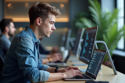 Jeune developpeur logiciel travaillant sur code et API