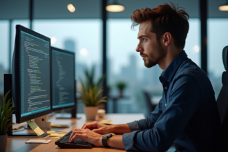 Jeune developpeur logiciel concentré devant ses écrans