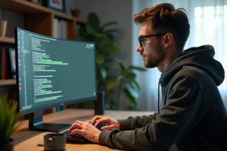 Développeur Python mettant à jour des packages avec pip dans un terminal sur un grand écran incurvé