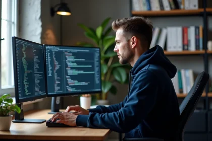 Développeur masculin utilisant des scripts et extensions de navigateur sur des écrans ultrawide dans un bureau moderne
