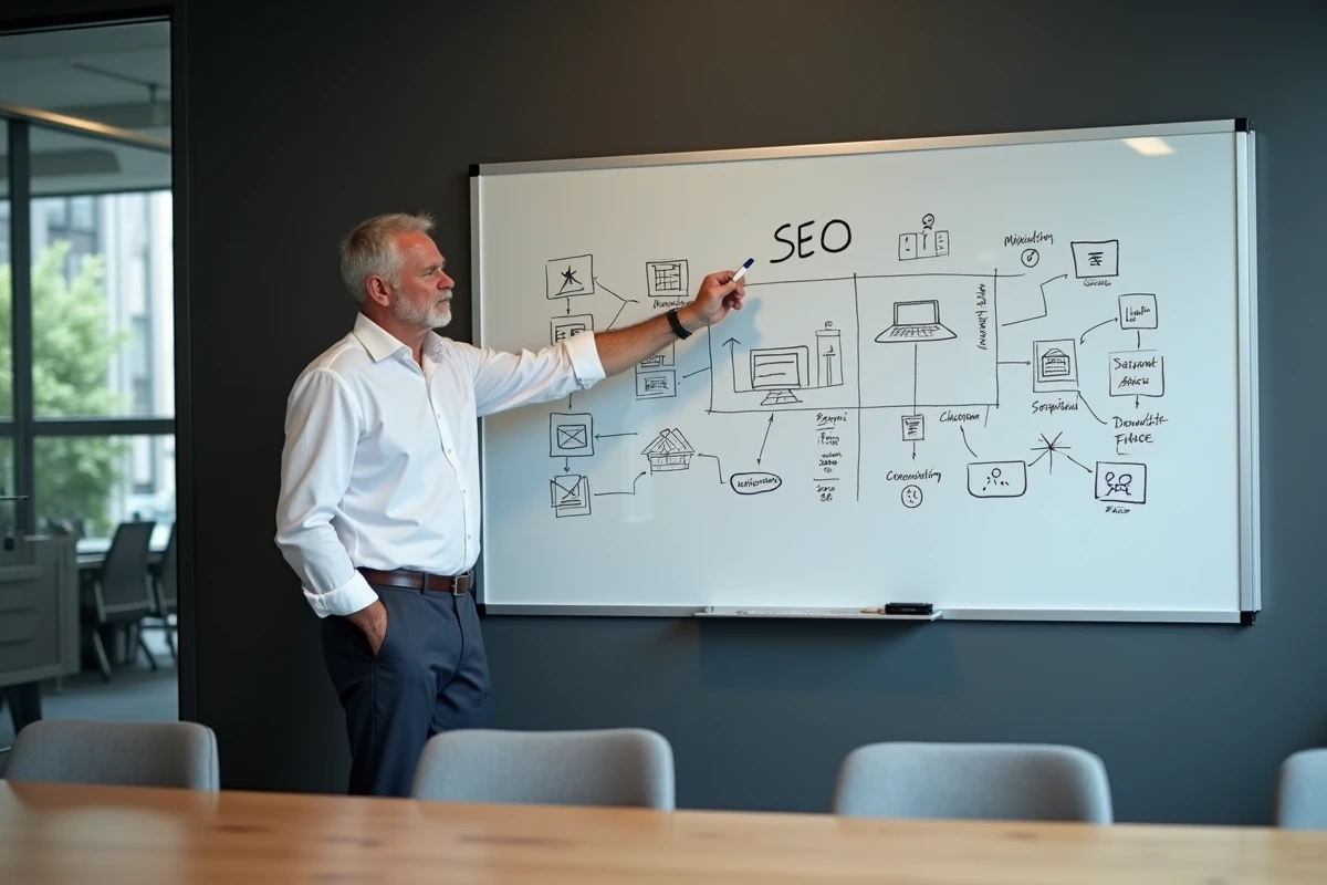 Dirigeant présentant une stratégie SEO au tableau blanc lors d'une réunion d'équipe digitale