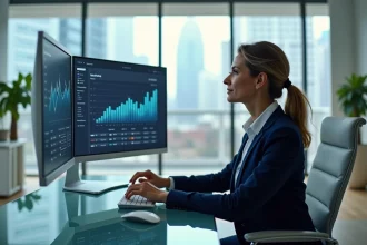 Dirigeante digitale analysant des données SEO sur un écran dans un bureau exécutif moderne