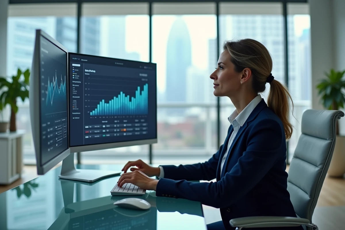 Dirigeante digitale analysant des données SEO sur un écran dans un bureau exécutif moderne