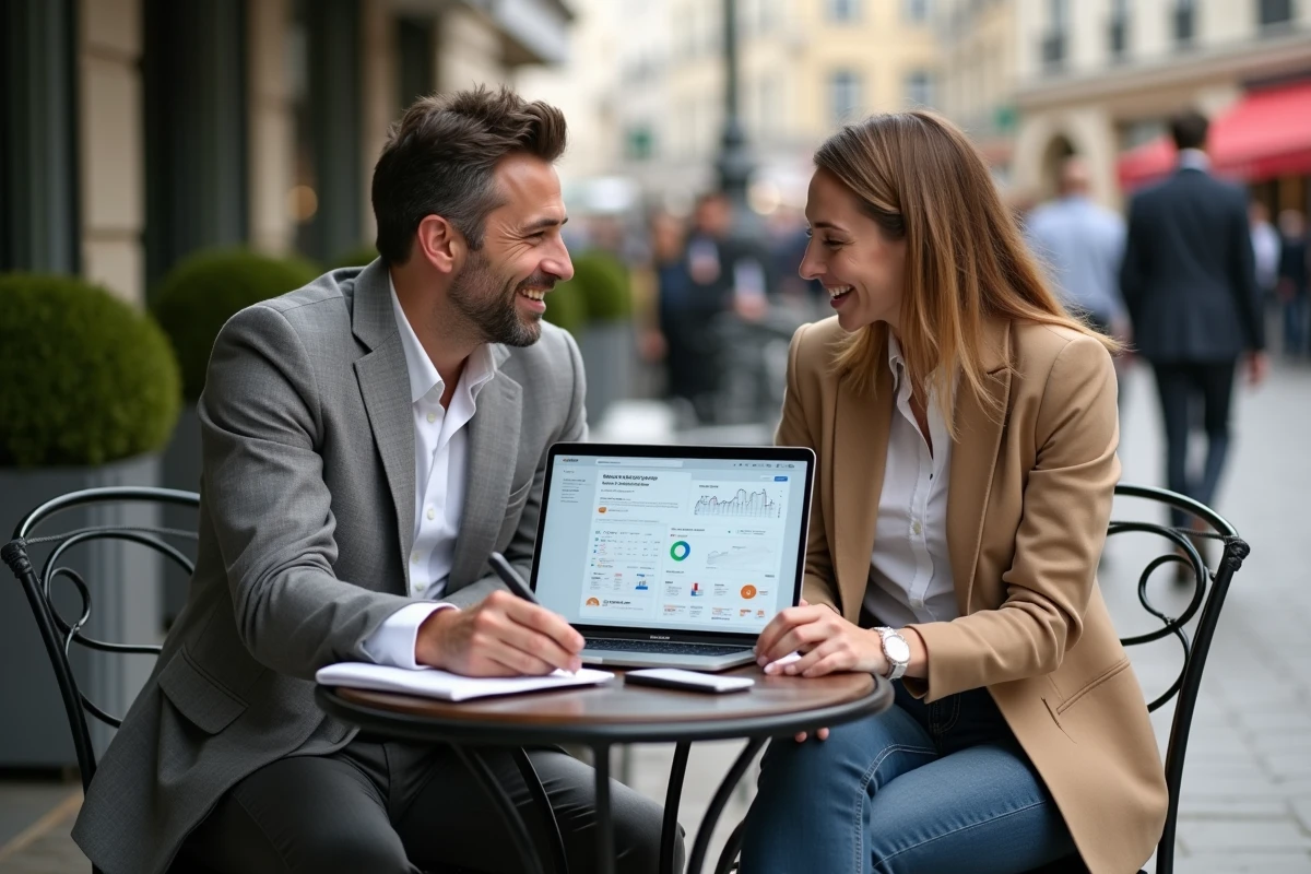 Deux dirigeants consultant une stratégie Evoluseo SEO sur un ordinateur portable en terrasse de café