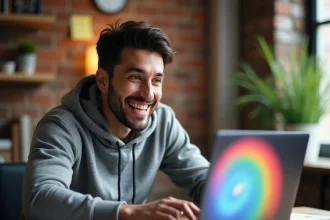 Jeune homme souriant devant un ordinateur portable découvrant l'easter egg Do a Barrel Roll de Google