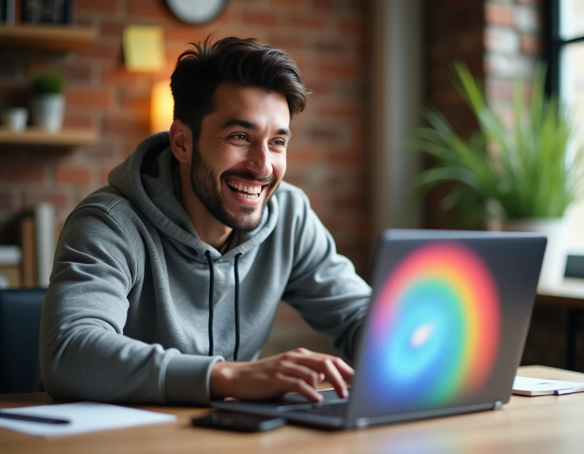 Jeune homme souriant devant un ordinateur portable découvrant l'easter egg Do a Barrel Roll de Google