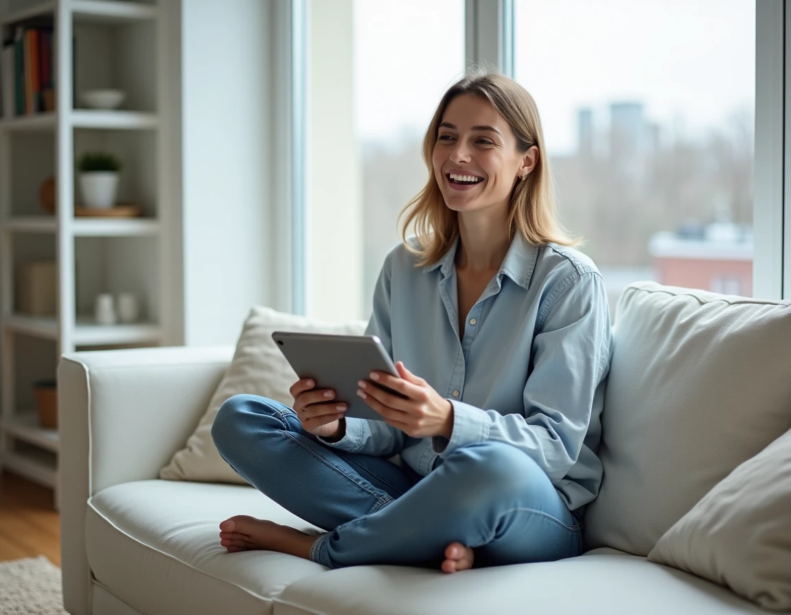 Femme amusée regardant l'animation Do a Barrel Roll sur une tablette dans un salon minimaliste