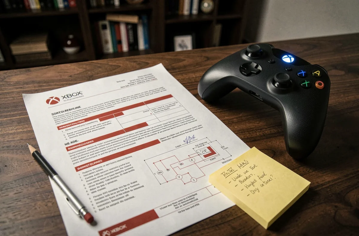 Documents de brevets Microsoft avec diagrammes techniques et contrôleur Xbox posés sur un bureau en bois sombre